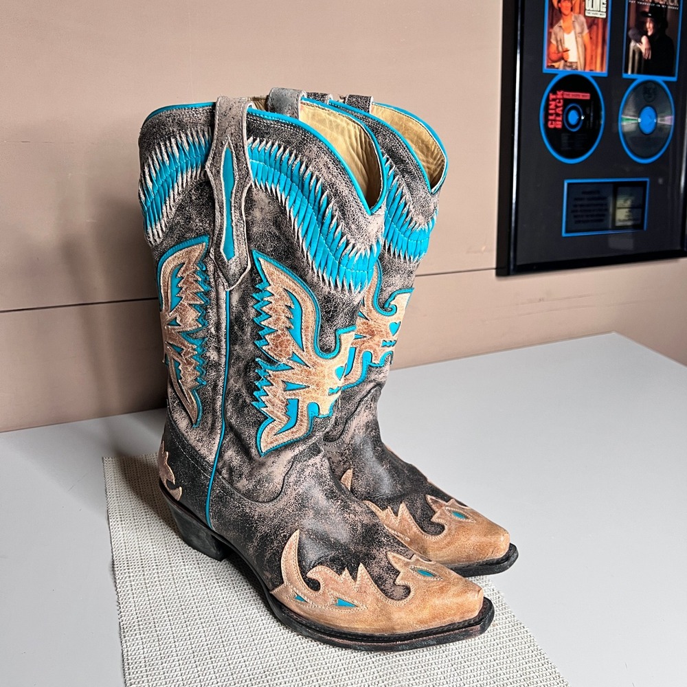 Corral Boots Womens 9.5M Black Tan Turquoise Eagle Overlay Western Snip Toe